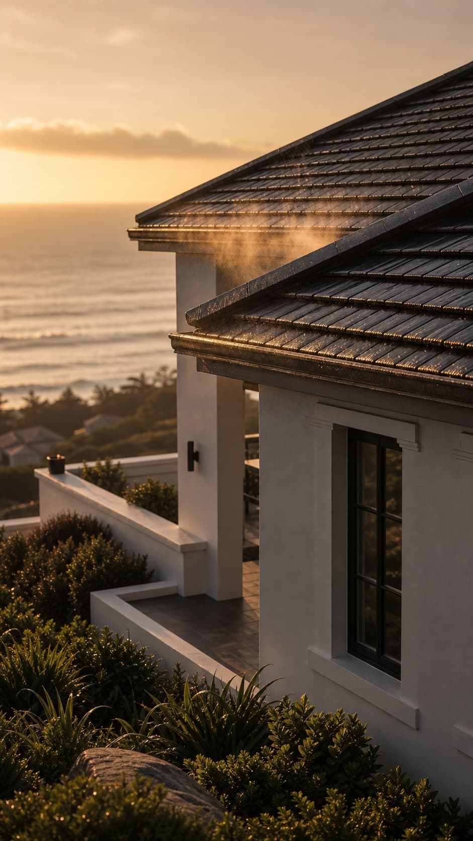 A freshly cleaned modern coastal home at golden hour