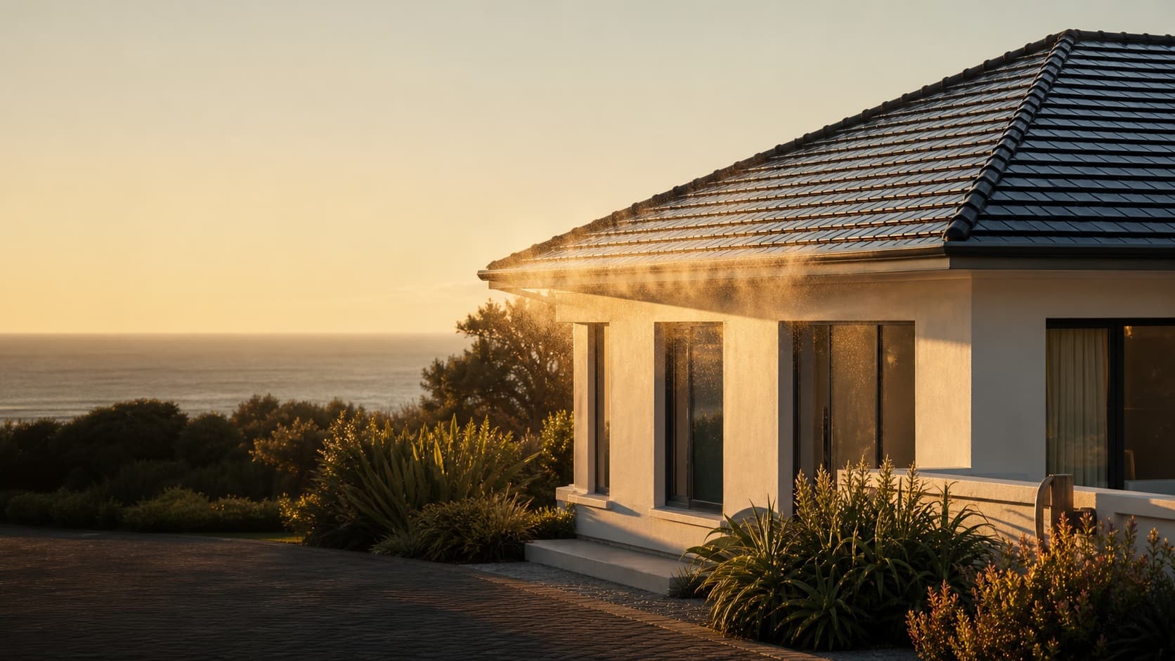 A freshly cleaned modern coastal home at golden hour